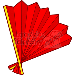 A red traditional handheld paper fan with yellow trim in a clipart style.