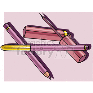 This clipart image shows a set of three makeup items including a pink lipstick, an eyeliner pencil, and a lip liner pencil, all in pink shades with golden accents, placed on a pink background.