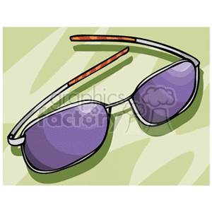 A vector clipart image of a pair of purple-tinted sunglasses with orange and white striped temples, set against a green abstract background.