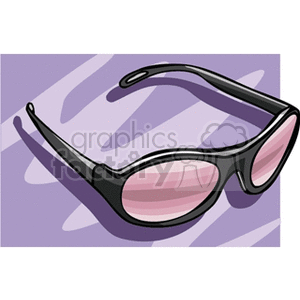 Clipart image of a pair of black sunglasses with pink-tinted lenses on a purple background.