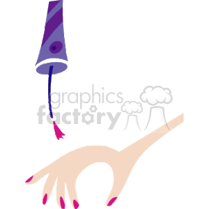   The clipart image depicts a hand with painted fingernails, and there is a bottle of nail polish positioned above the hand. The image represents the application of cosmetic nail polish to fingernails, which is a common beauty practice. 