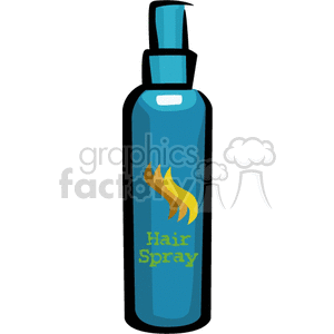 A clipart image of a blue bottle of hair spray with a pump dispenser. The bottle features a yellow and brown swirl design and the text 'Hair Spray' in green.