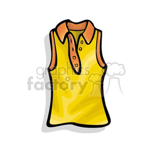 Clipart image of a sleeveless yellow shirt with an orange collar and buttons.