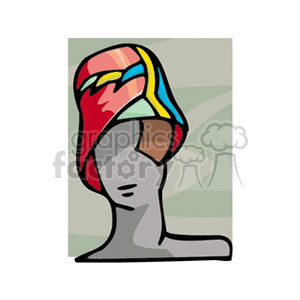 A clipart image of a mannequin head with a colorful, patterned headwrap.
