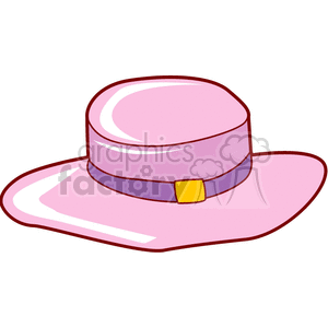 A pink wide-brimmed hat with a purple band and a yellow buckle in the center.
