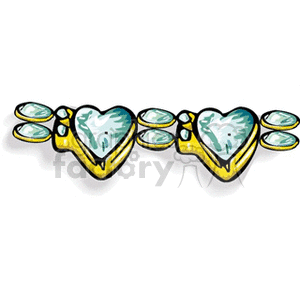 Clipart of a gold jewelry pin with heart-shaped gemstones and oval accents.