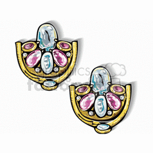 Clipart image of ornate gold earrings with colorful jewels, including blue and pink stones.