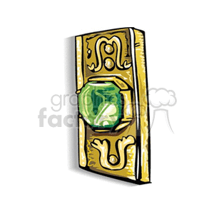 Illustration of a decorative gold pin with an ornate design and a central green gemstone.