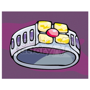 A clipart image of a silver ring adorned with a red gemstone and yellow jewels, set against a purple background.