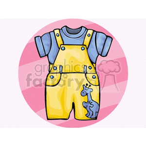 A cute clipart image of a baby outfit, featuring a blue shirt paired with yellow overalls decorated with a small giraffe illustration.
