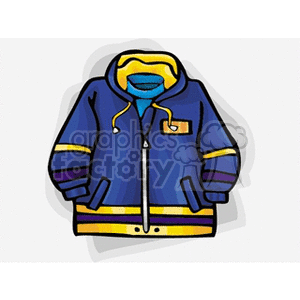 Clipart image of a blue winter jacket with yellow accents and a hood.