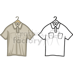 Clipart of two collared shirts on hangers, one colored and one outline.