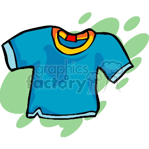 A colorful clipart image of a blue t-shirt with an orange and yellow collar on a green abstract background.