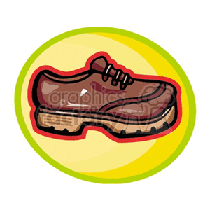 Illustration of a brown shoe with laces inside a circular background.