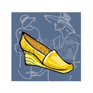 Colorful clipart image of a yellow wedge heel shoe with abstract figures in the background.