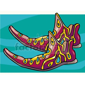 Colorful, ornate shoes with elongated, curled toes and vibrant patterns.