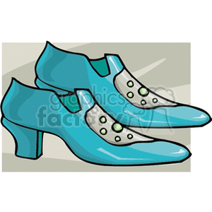 Clipart image of a pair of turquoise shoes with low heels and decorative buttons.