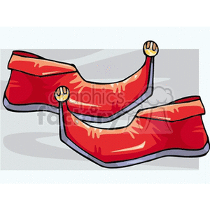 Clipart image of a pair of red jester shoes with bells on the tips.