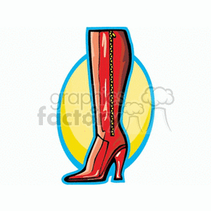 Clipart image of a red high-heeled boot against a yellow and blue background.