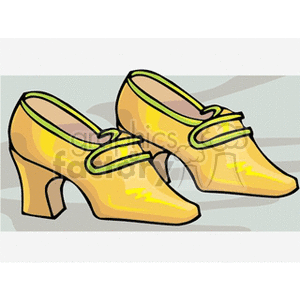 Illustration of yellow high-heel shoes with green trim.