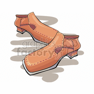 Illustration of a pair of brown slip-on heeled shoes with stylized stitching.