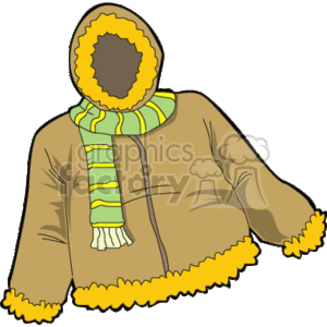 The clipart image depicts a winter jacket in a brown color with a hood. The jacket has what appears to be yellow fur lining at the hood, cuffs, and hem. There's also a striped scarf wrapped around the neck area with shades of green, yellow, and white.