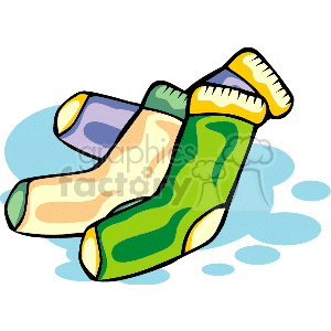 Colorful illustration of a pair of socks with various patterns in green, yellow, purple, and beige colors resting on a blue background.