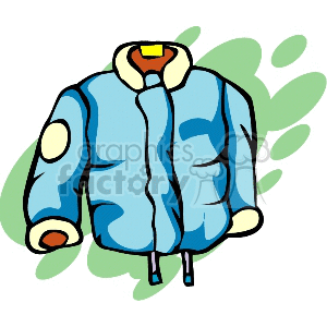 Colorful clipart image of a blue winter jacket with white and brown accents, set against a green abstract background.