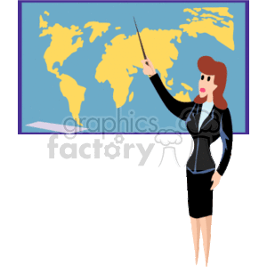 The clipart image depicts a female teacher pointing at a world map with a pointer stick. She appears to be giving a geography lesson. The teacher is dressed in professional attire, indicating an educational or school setting.