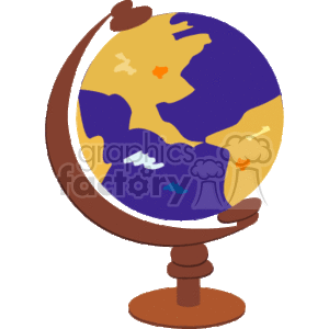 This clipart image features a simplified representation of a terrestrial globe, which is a sphere depicting a map of the Earth positioned on a stand. It's a stylized educational tool typically used in teaching geography and encouraging global awareness among students.