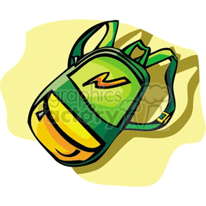 A colorful clipart image of a green and yellow backpack with a distinctive design on the front pocket.