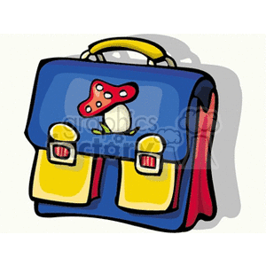 Cartoon blue backpack with yellow pockets and mushrooms 