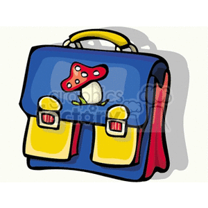 Cartoon blue backpack with yellow pockets and mushrooms