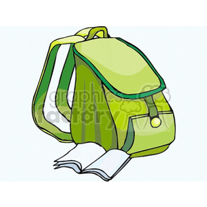 A green backpack with books, ideal for back-to-school themes.