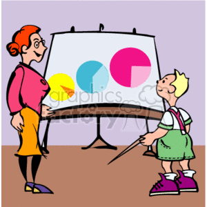   The clipart image depicts a teacher in a classroom setting, standing beside a pie chart on a whiteboard or flip chart, looking on as a young student, who appears enthusiastic and determined, uses a pointer to analyze or indicate a segment of the pie chart. Both the teacher and student are colorfully illustrated, with the teacher sporting red hair and glasses, and the student wearing a green outfit with purple shoes. The teacher is smiling approvingly at the student