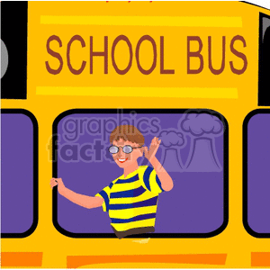 Cartoon student looking out of the back window of a school bus