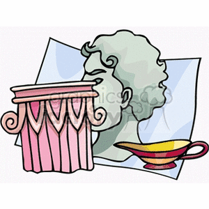 Clipart image featuring a classical statue head, a decorative column, and a genie lamp.