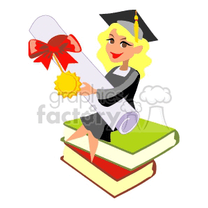 A smiling graduate in a cap and gown holding a diploma scroll, sitting on oversized colorful books.