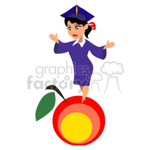 A female student in a blue graduation gown and cap is balancing on a large apple. Her expression appears concerned or scared.