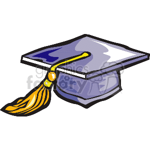   The clipart image depicts a traditional graduation cap, also known as a mortarboard. The cap is typically associated with graduation ceremonies for college or university education. It has a square, flat top and a central button from which a gold tassel is attached. The tassel indicates the graduate