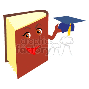 Cartoon book character with a happy face holding a blue graduation cap with a gold tassel.