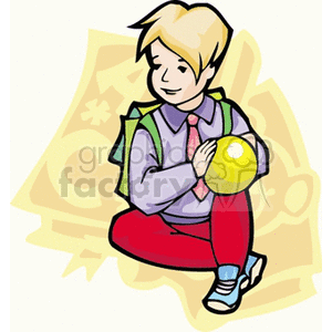 Clipart of a student sitting and holding a yellow ball, wearing a backpack.