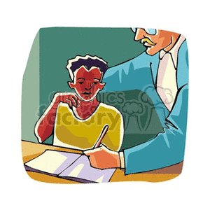 A clipart image of a teacher assisting a student with homework in a classroom setting.