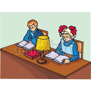 Two students sitting at a desk reading books with a table lamp between them.