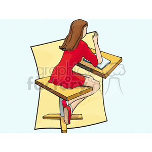 Clipart of a girl in a red dress sitting on a desk, studying or completing homework.