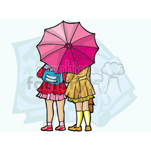 Illustration of two girls standing with colorful umbrellas, wearing backpacks, and dressed in school uniforms.