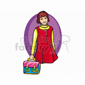 Clipart image of a student carrying a colorful school bag, dressed in a red dress with a yellow shirt, standing in front of a purple oval background.