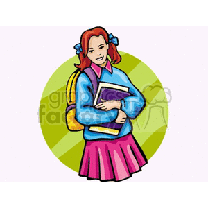 Clipart image of a student holding books, wearing a backpack, and smiling, set against a circular green background.