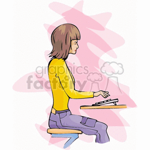 Clipart of a girl sitting at a desk with a computer keyboard, set against a pink abstract background.