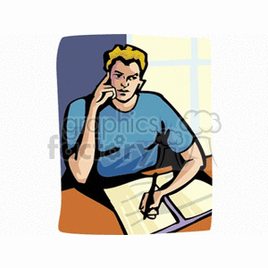 Clipart image of a boy sitting at a desk, thinking and writing in a notebook.